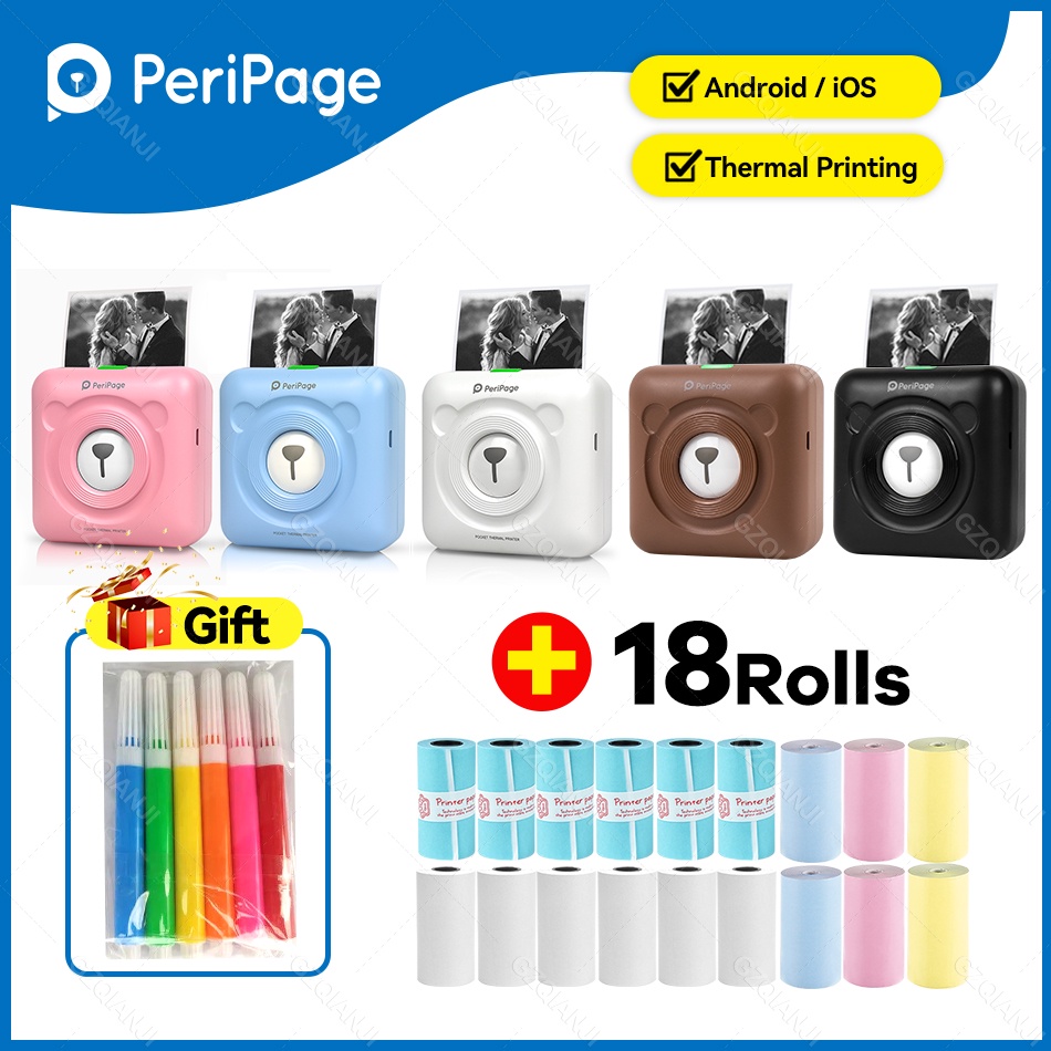 PeriPage A4 Paper Printer Direct Thermal Transfer Wirless Printer Mobile  210mm Mini Mobile Photo Printer USB BT Connection with 1 Roll Thermal Paper  Support 2''/3''/4'' Paper Width Printin 