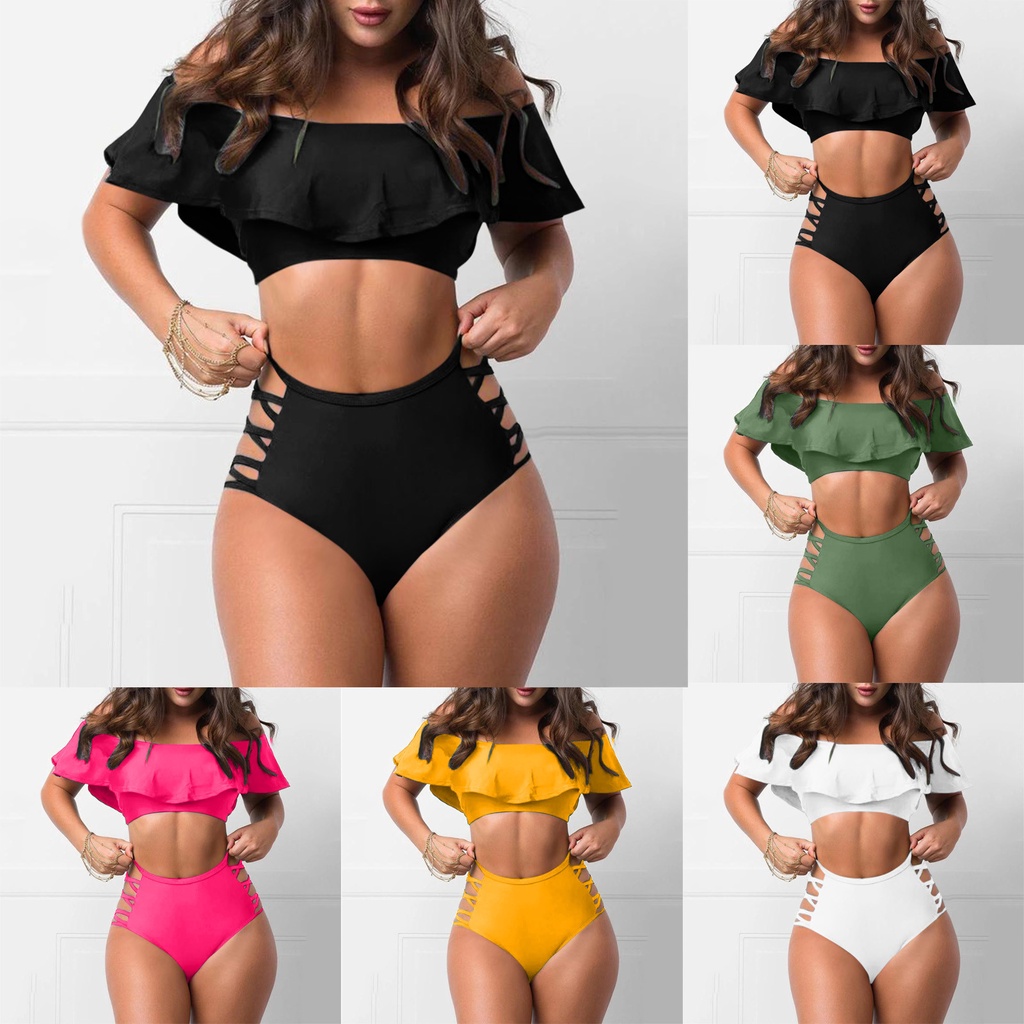 Traje De Baño Para Mujer Con Volantes De Hombro Fuera Sexy Apretado Color  Sólido Split Trajes Ropa De Playa Bikini Conjunto