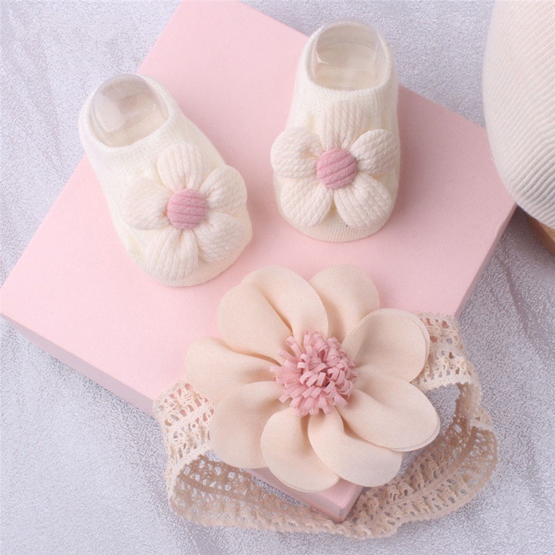 3 Unids/Set Cute Pompom Recién Nacido Calcetines Conjunto De Diademas  Antideslizante Encaje Lazo Flor Bebé Niñas 0-3 Meses