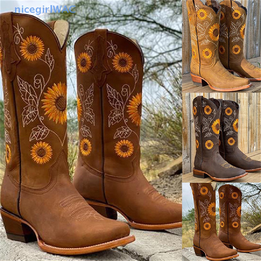 nicegirlWAC Botas Bordadas De Mujer Girasol Impreso Media Pantorrilla De  Tacón Grueso Vaquera Occidental | Shopee México