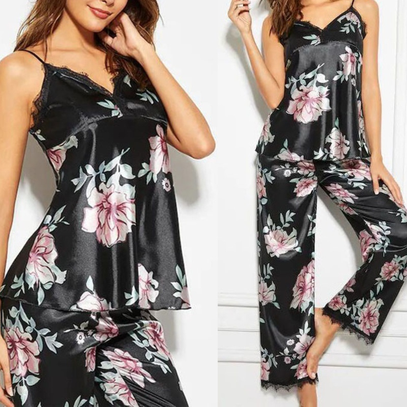 S XL Mujeres Pijama Conjuntos De Seda Saten Ropa De Dormir Senora Primavera Floral Hogar