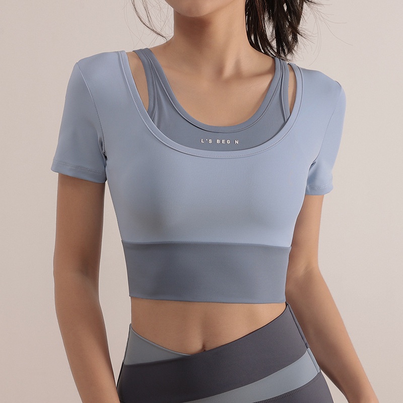 Camisetas cortas de entrenamiento para mujer con brasier deportivo  integrado, sin costuras, para gimnasio, yoga