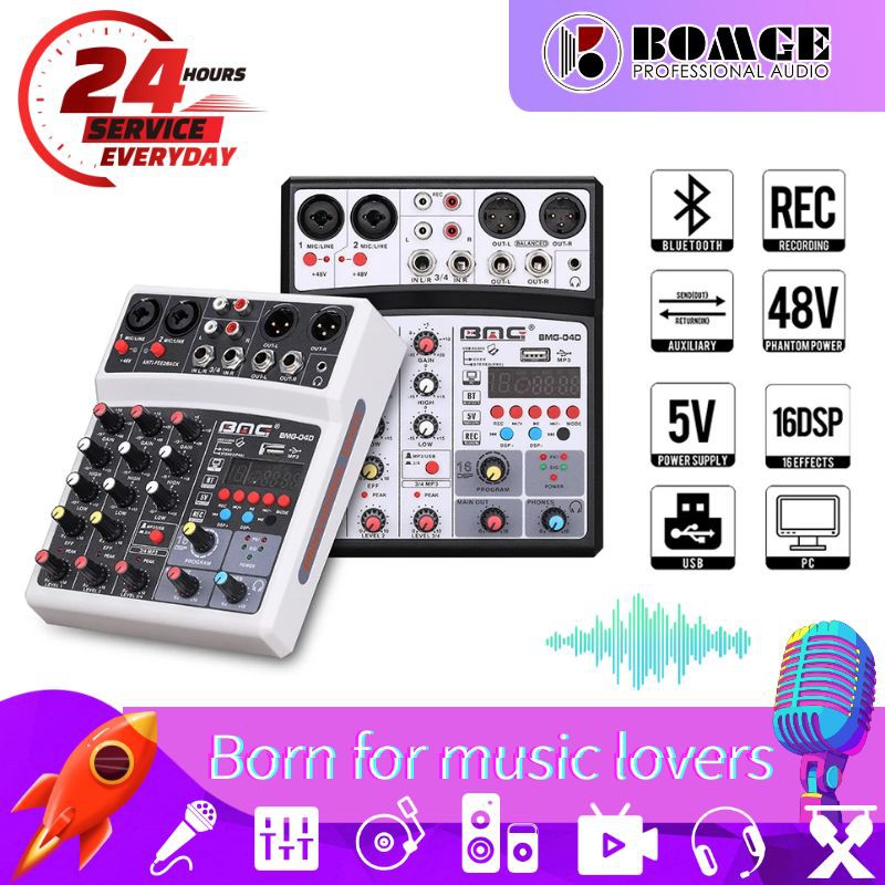 BOMGE X-8 Profesional Mezclador de Audio de 8 Canales Placa de Sonido  Consola de Mezcla 8 Mic/Line Interfaz de Entrada USB/MP3/Bluetooth Entrada  48V