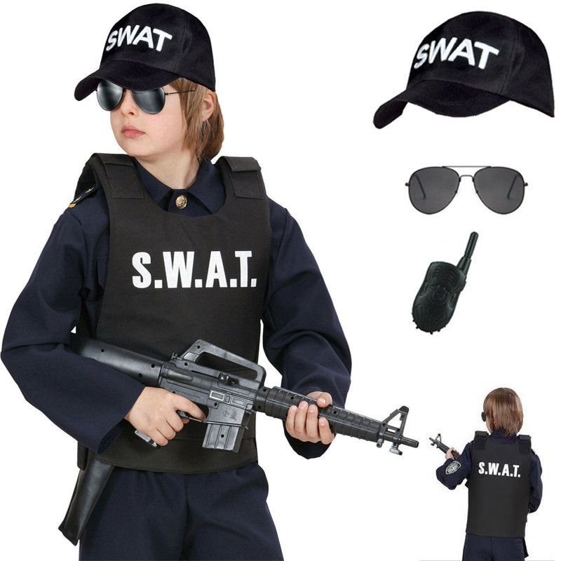Niños Policía Swat Chaleco A Prueba De Balas Y Sombrero Traje De Disfraces  3-10años