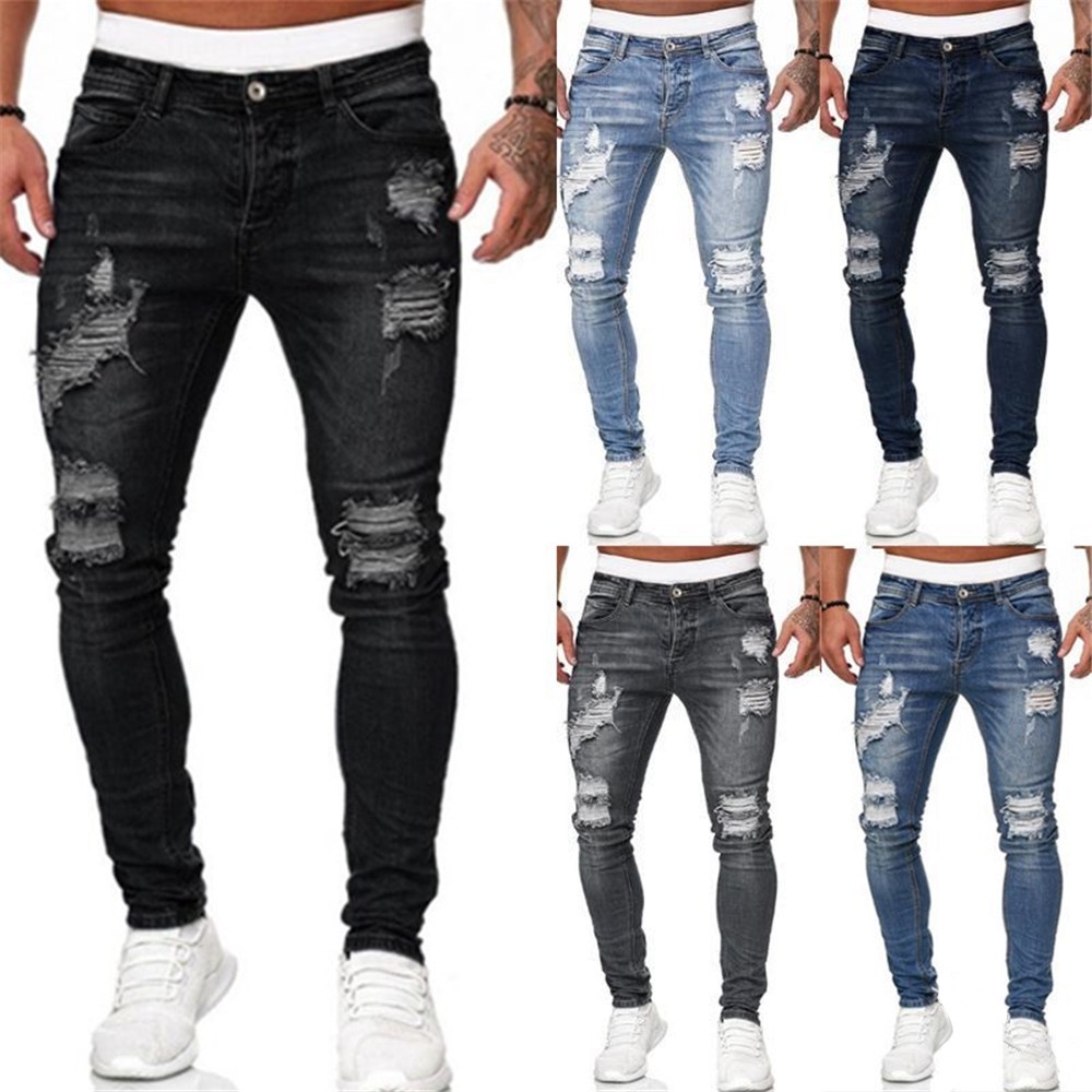 Streetwear Moda Negro Rasgado Hombres Skinny Slim Fit Azul Hip Hop Denim Pantalones Casual Para Jogging Jean homme | Shopee México