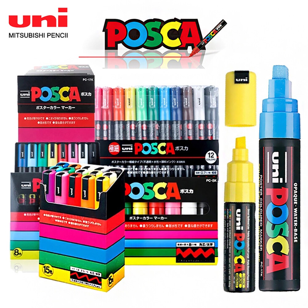 Uni Posca-Juego de rotuladores de pintura, PC-1M, PC-3M, 7/8/15, póster  POP, tinta pigmentada a base de agua con estuche de vinilo Original BANYUO